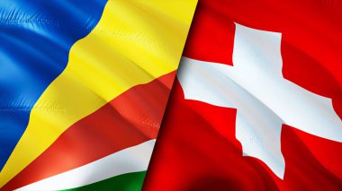 Seyşeller ve İsviçre bayrakları. 3 boyutlu dalgalanan bayrak tasarımı. Seyşeller İsviçre bayrağı, resim, duvar kağıdı. Seyşeller İsviçre 'ye karşı, görüntü 3D. Seyşeller ve İsviçre ilişkileri