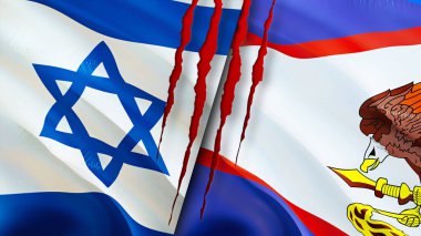 Yara izi olan İsrail ve Amerikan Samoa bayrakları. Dalgalanan bayrak, 3 boyutlu görüntüleme. İsrail ve Amerikan Samoa çatışması konsepti. İsrail-Amerikan Samoa ilişkileri kavramı. İsrail ve Amerikan Samo bayrağı