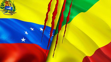 Venezuela ve Kongo yara izi olan bayraklar. Dalgalanan bayrak, 3 boyutlu görüntüleme. Venezuela ve Kongo çatışma konsepti. Venezuela Kongo ilişkileri kavramı. Venezuela ve Kongo bayrağı krizi, savaş, saldırı konsepti
