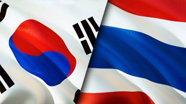 Güney Kore ve Tayland bayrakları. 3 boyutlu dalgalanan bayrak tasarımı. Güney Kore Tayland bayrağı, resim, duvar kağıdı. Güney Kore, Tayland 'a karşı, görüntü 3D. Güney Kore Tayland ilişkileri
