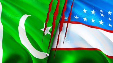 Yara izi olan Pakistan ve Özbekistan bayrakları. Dalgalanan bayrak, 3 boyutlu görüntüleme. Pakistan ve Özbekistan çatışma konsepti. Pakistan Özbekistan ilişkileri kavramı. Pakistan ve Özbekistan bayrağı