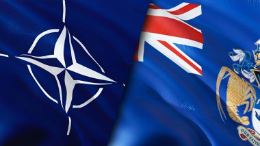 NATO ve Tristan da Cunha bayrakları. 3 boyutlu dalgalanan bayrak tasarımı. Tristan da Cunha NATO bayrağı, resim, duvar kağıdı. NATO, Tristan da Cunha 'ya karşı, görüntü 3 boyutlu. NATO Tristan da Cunha İlişkiler İttifakı