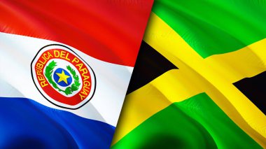 Paraguay ve Jamaika bayrakları. 3 boyutlu dalgalanan bayrak tasarımı. Paraguay Jamaika bayrağı, resim, duvar kağıdı. Paraguay, Jamaika imajına karşı, 3D görüntüleme. Paraguay Jamaika ilişkileri ittifak ve ticaret, seyahat, turnuva