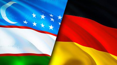 Özbekistan ve Almanya bayrakları. 3 boyutlu dalgalanan bayrak tasarımı. Özbekistan Almanya bayrağı, resmi, duvar kağıdı. Özbekistan, Almanya 'ya karşı görüntü, 3D görüntüleme. Özbekistan Almanya ilişkileri bir
