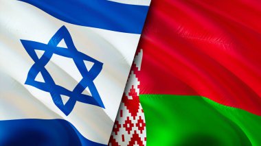 İsrail ve Belarus bayrakları. 3 boyutlu dalgalanan bayrak tasarımı. İsrail Belarus bayrağı, resim, duvar kağıdı. İsrail, Belarus 'a karşı, görüntü 3 boyutlu. İsrail Belarus ilişkileri ittifak ve ticaret, seyahat, turizm konsepti