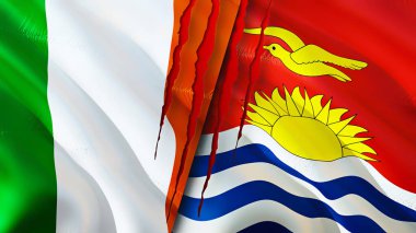 İrlanda ve Kiribati bayraklarında yara izi var. 3D bayrak sallama. İrlanda ve Kiribati çatışma konsepti. İrlanda Kiribati ilişkileri kavramı. İrlanda bayrağı ve Kiribati krizi, savaş, attac