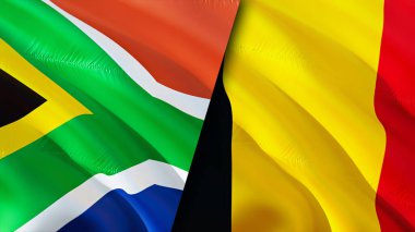 Güney Afrika ve Belçika bayrakları. 3 boyutlu dalgalanan bayrak tasarımı. Güney Afrika Belçika bayrağı, resim, duvar kağıdı. Güney Afrika, Belçika 'ya karşı, görüntü 3 boyutlu. Güney Afrika Belçika ilişkileri ittifakı