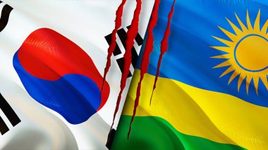 Güney Kore ve Ruanda bayraklarında yara izi var. Dalgalanan bayrak, 3 boyutlu görüntüleme. Güney Kore ve Ruanda çatışma konsepti. Güney Kore Ruanda ilişkileri kavramı. Güney Kore bayrağı ve Ruanda krizi, savaş