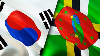 Güney Kore ve Dominika bayrakları. 3 boyutlu dalgalanan bayrak tasarımı. Güney Kore Dominika bayrağı, resim, duvar kağıdı. Güney Kore, Dominica 'ya karşı, görüntü 3D. Güney Kore Dominika ilişkileri bir ittifak