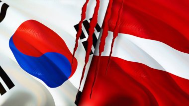 Güney Kore ve Letonya bayraklarında yara izi var. Dalgalanan bayrak, 3 boyutlu görüntüleme. Güney Kore ve Letonya çatışma konsepti. Güney Kore Letonya ilişkileri kavramı. Güney Kore bayrağı ve Letonya krizi, savaş