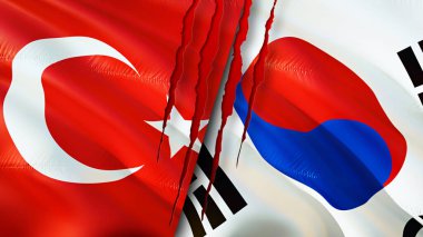 Yara izi olan Türkiye ve Güney Kore bayrakları. Dalgalanan bayrak, 3 boyutlu görüntüleme. Türkiye ve Güney Kore çatışma konsepti. Türkiye Güney Kore ilişkileri kavramı. Türkiye bayrağı ve Güney Kore krizi, savaş