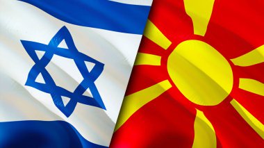 İsrail ve Kuzey Makedonya bayrakları. 3 boyutlu dalgalanan bayrak tasarımı. İsrail Kuzey Makedonya bayrağı, resim, duvar kağıdı. İsrail, Kuzey Makedonya 'ya karşı, görüntü 3D. İsrail Kuzey Makedonya ilişkileri bir ittifak