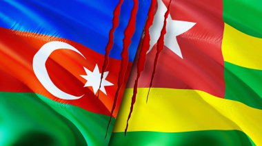 Yara izi olan Azerbaycan ve Togo bayrakları. Dalgalanan bayrak, 3 boyutlu görüntüleme. Azerbaycan ve Togo çatışma konsepti. Azerbaycan Togo ilişkileri kavramı. Azerbaycan ve Togo bayrağı krizi, savaş, saldırı konsepti