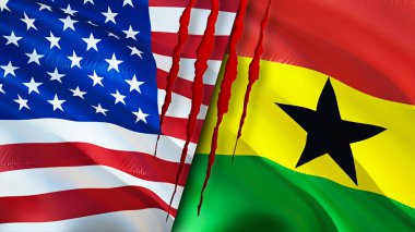 ABD ve Gana yara izi kavramına sahip bayraklar. Dalgalanan bayrak, 3 boyutlu görüntüleme. ABD ve Gana çatışma konsepti. ABD Gana ilişkileri kavramı. ABD bayrağı ve Gana krizi, savaş, saldırı konsepti