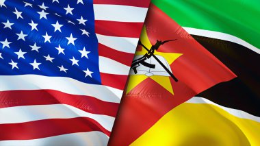 ABD ve Mozambik bayrakları. 3 boyutlu dalgalanan bayrak tasarımı. ABD Mozambik bayrağı, resim, duvar kağıdı. ABD, Mozambik 'e karşı, görüntü 3D. ABD Mozambik ilişkileri ittifak ve ticaret, seyahat, turizm konsepti