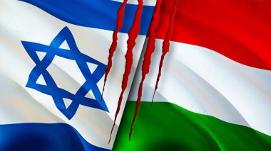 Yara izi olan İsrail ve Macaristan bayrakları. Dalgalanan bayrak, 3 boyutlu görüntüleme. İsrail ve Macaristan çatışma konsepti. İsrail Macaristan ilişkileri kavramı. İsrail ve Macaristan bayrağı kriz, savaş, saldırı konsepti