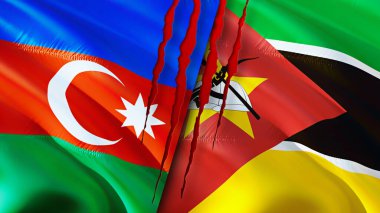Yara izi olan Azerbaycan ve Mozambik bayrakları. Dalgalanan bayrak, 3 boyutlu görüntüleme. Azerbaycan ve Mozambik çatışma konsepti. Azerbaycan Mozambik ilişkileri kavramı. Azerbaycan ve Mozambik bayrağı