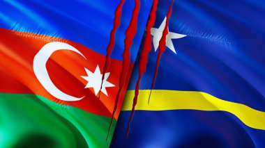 Yara izi olan Azerbaycan ve Curacao bayrakları. Dalgalanan bayrak, 3 boyutlu görüntüleme. Azerbaycan ve Curacao çatışma konsepti. Azerbaycan Curacao ilişkileri kavramı. Azerbaycan bayrağı ve Curacao krizi, savaş