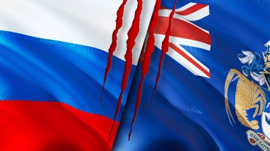 Rusya ve Tristan da Cunha yara izi olan bayraklar. Dalgalanan bayrak, 3 boyutlu görüntüleme. Rusya ve Tristan da Cunha çatışma konsepti. Rusya Tristan da Cunha ilişkileri kavramı. Rusya ve Tristan d.