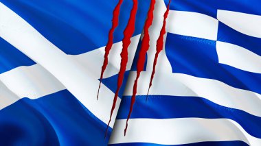 İskoçya ve Yunanistan yara izi kavramına sahip bayraklar. Dalgalanan bayrak, 3 boyutlu görüntüleme. İskoçya ve Yunanistan çatışma konsepti. İskoçya Yunanistan ilişkileri kavramı. İskoçya ve Yunanistan bayrağı kriz, savaş, saldırı konsepti