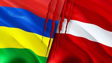 Mauritius ve Letonya bayraklarında yara izi var. Dalgalanan bayrak, 3 boyutlu görüntüleme. Mauritius ve Letonya çatışma konsepti. Mauritius Letonya ilişkileri kavramı. Mauritius bayrağı ve Letonya krizi, savaş, attac