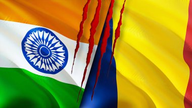 Hindistan ve Chad yara izi olan bayraklar. Dalgalanan bayrak, 3 boyutlu görüntüleme. Hindistan ve Çad çatışma konsepti. Hindistan Çad ilişkileri kavramı. Hindistan ve Çad bayrağı krizi, savaş, saldırı konsepti