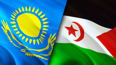 Kazakistan ve Batı Sahra bayrakları. 3 boyutlu dalgalanan bayrak tasarımı. Kazakistan Batı Sahra bayrağı, resim, duvar kağıdı. Kazakistan, Batı Sahra 'ya karşı, görüntü 3 boyutlu. Kazakistan Batı Sahra ilişkisi