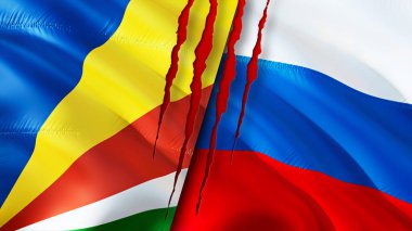 Seyşeller ve Rusya yara izi olan bayraklar. Dalgalanan bayrak, 3 boyutlu görüntüleme. Seyşeller ve Rusya çatışma konsepti. Seyşeller Rusya ilişkileri kavramı. Seyşeller bayrağı ve Rusya krizi, savaş, attac