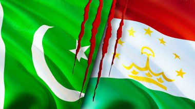 Yara izi olan Pakistan ve Tacikistan bayrakları. Dalgalanan bayrak, 3 boyutlu görüntüleme. Pakistan ve Tacikistan çatışma konsepti. Pakistan Tacikistan ilişkileri kavramı. Pakistan ve Tacikistanın bayrağı