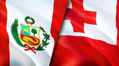 Peru ve Tonga bayrakları. 3 boyutlu dalgalanan bayrak tasarımı. Peru Tonga bayrağı, resim, duvar kağıdı. Peru, Tonga 'ya karşı, görüntü 3 boyutlu. Peru Tonga ilişkileri ittifak ve ticaret, seyahat, turizm konsepti