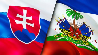 Slovakya ve Haiti bayrakları. 3 boyutlu dalgalanan bayrak tasarımı. Slovakya Haiti bayrağı, resim, duvar kağıdı. Slovakya, Haiti imajına karşı, 3D görüntüleme. Slovakya Haiti ilişkileri ittifak ve ticaret, seyahat, turizm konsepti