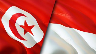 Tunus ve Endonezya bayrakları. 3 boyutlu dalgalanan bayrak tasarımı. Tunus Endonezya bayrağı, resim, duvar kağıdı. Tunus, Endonezya 'ya karşı, görüntü 3 boyutlu. Tunus Endonezya ilişkileri ittifak ve ticaret, seyahat, turnuva