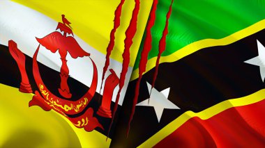 Brunei, Saint Kitts ve yara izi olan Nevis bayrakları. Dalgalanan bayrak, 3 boyutlu görüntüleme. Brunei ve Saint Kitts ve Nevis çatışma konsepti. Brunei Saint Kitts ve Nevis ilişkileri kavramı. Brune bayrağı