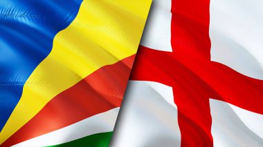 Seyşeller ve İngiltere bayrakları. 3 boyutlu dalgalanan bayrak tasarımı. Seyşeller İngiltere bayrağı, resim, duvar kağıdı. Seyşeller, İngiltere 'ye karşı, görüntü 3D. Seyşeller İngiltere ilişkileri