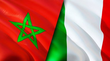 Fas ve İtalya bayrakları. 3 boyutlu dalgalanan bayrak tasarımı. Fas İtalya bayrağı, resim, duvar kağıdı. Fas İtalya 'ya karşı, görüntü 3 boyutlu. Fas İtalya ilişkileri ittifak ve ticaret, seyahat, turizm konsepti
