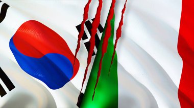 Güney Kore ve İtalya yara izi kavramına sahip bayraklar. Dalgalanan bayrak, 3 boyutlu görüntüleme. Güney Kore ve İtalya çatışma konsepti. Güney Kore İtalya ilişkileri kavramı. Güney Kore ve İtalya bayrağı kriz, savaş, attac