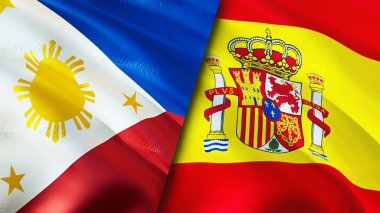 Filipinler ve İspanya bayrakları. 3 boyutlu dalgalanan bayrak tasarımı. Filipinler İspanya bayrağı, resim, duvar kağıdı. Filipinler İspanya 'ya karşı, görüntü 3D. Filipinler İspanya ilişkileri ittifak ve ticaret, seyahat, turnuva
