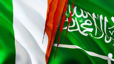 İrlanda ve Suudi Arabistan yara izi kavramına sahip bayraklar. 3D bayrak sallama. İrlanda ve Suudi Arabistan çatışma konsepti. İrlanda Suudi Arabistan ilişkileri kavramı. İrlanda ve Suudi Arabistan bayrağı