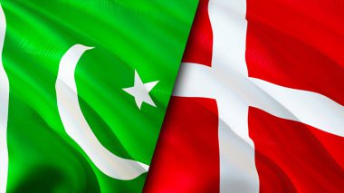Pakistan ve Danimarka bayrakları. 3 boyutlu dalgalanan bayrak tasarımı. Pakistan Danimarka bayrağı, resim, duvar kağıdı. Pakistan, Danimarka 'ya karşı, görüntü 3 boyutlu. Pakistan Danimarka ilişkileri ittifak ve ticaret, seyahat, turnuva