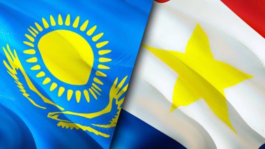 Kazakistan ve Saba adası bayrakları. 3 boyutlu dalgalanan bayrak tasarımı. Kazakistan Saba Adası bayrağı, resim, duvar kağıdı. Kazakistan, Saba Adası 'na karşı, görüntü 3 boyutlu. Kazakistan Saba Adası ilişkileri