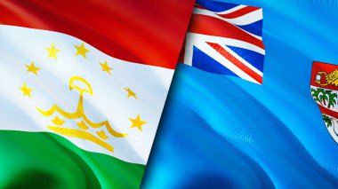 Tacikistan ve Fiji bayrakları. 3 boyutlu dalgalanan bayrak tasarımı. Tacikistan Fiji bayrağı, resim, duvar kağıdı. Tacikistan Fiji imajına karşı, 3 boyutlu canlandırma. Tacikistan Fiji ilişkileri ittifak ve ticaret, seyahat, turizm konsepti
