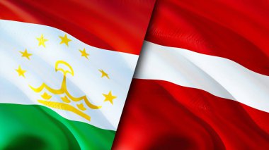 Tacikistan ve Letonya bayrakları. 3 boyutlu dalgalanan bayrak tasarımı. Tacikistan Letonya bayrağı, resim, duvar kağıdı. Tacikistan, Letonya 'ya karşı, 3 boyutlu görüntü. Tacikistan Letonya İlişkileri İttifak ve Ticaret, Seyahat, Turnuva