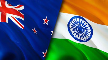 Yeni Zelanda ve Hindistan bayrakları. 3 boyutlu dalgalanan bayrak tasarımı. Yeni Zelanda bayrağı, resim, duvar kağıdı. Yeni Zelanda, Hindistan 'a karşı, görüntü 3 boyutlu. Yeni Zelanda Hindistan ilişkileri savaş ittifakı kavramı. Ticaret.