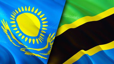 Kazakistan ve Tanzanya bayrakları. 3 boyutlu dalgalanan bayrak tasarımı. Kazakistan Tanzanya bayrağı, resim, duvar kağıdı. Kazakistan, Tanzanya 'ya karşı, görüntü 3 boyutlu. Kazakistan Tanzanya ilişkileri