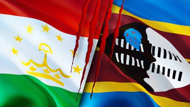 Tacikistan ve Eswatini bayraklarında yara izi var. Dalgalanan bayrak, 3 boyutlu görüntüleme. Tacikistan ve Eswatini çatışma konsepti. Tacikistan Eswatini ilişkileri kavramı. Tacikistan ve Eswatin bayrağı
