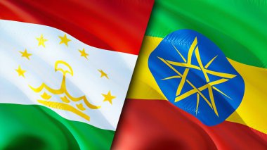 Tacikistan ve Etiyopya bayrakları. 3 boyutlu dalgalanan bayrak tasarımı. Tacikistan Etiyopya bayrağı, resim, duvar kağıdı. Tacikistan Etiyopya 'ya karşı 3 boyutlu görüntü. Tacikistan Etiyopya ilişkileri ittifakı
