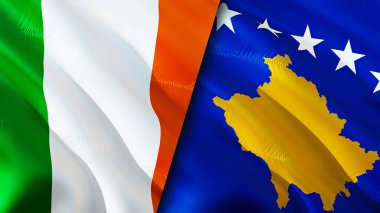 İrlanda ve Kosova bayrakları. 3 boyutlu dalgalanan bayrak tasarımı. İrlanda Kosova bayrağı, resim, duvar kağıdı. İrlanda, Kosova 'nın imajına karşı, 3D görüntüleme. İrlanda Kosova ilişkileri savaş ittifakı kavramı. Ticaret ve turizm kavramı
