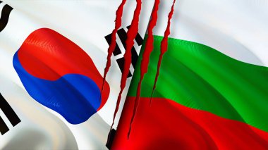 Güney Kore ve Bulgaristan yara izi kavramına sahip bayraklar. Dalgalanan bayrak, 3 boyutlu görüntüleme. Güney Kore ve Bulgaristan çatışma konsepti. Güney Kore Bulgaristan ilişkileri kavramı. Güney Kore ve Bulgari bayrağı