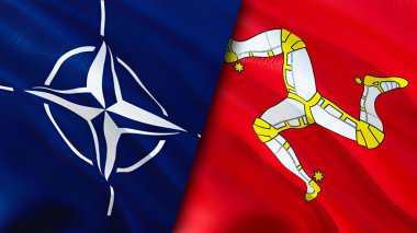 NATO ve Man Adası bayrakları. 3 boyutlu dalgalanan bayrak tasarımı. Man Adası NATO bayrağı, resim, duvar kağıdı. NATO, Man Adası 'na karşı, görüntü 3D. NATO Erkek İlişkileri Adası İttifak ve Ticaret, Seyahat, Turnuva