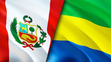 Peru ve Gabon bayrakları. 3 boyutlu dalgalanan bayrak tasarımı. Peru Gabon bayrağı, resim, duvar kağıdı. Peru, Gabon 'a karşı, görüntü 3 boyutlu. Peru Gabon ilişkileri ittifak ve ticaret, seyahat, turizm konsepti